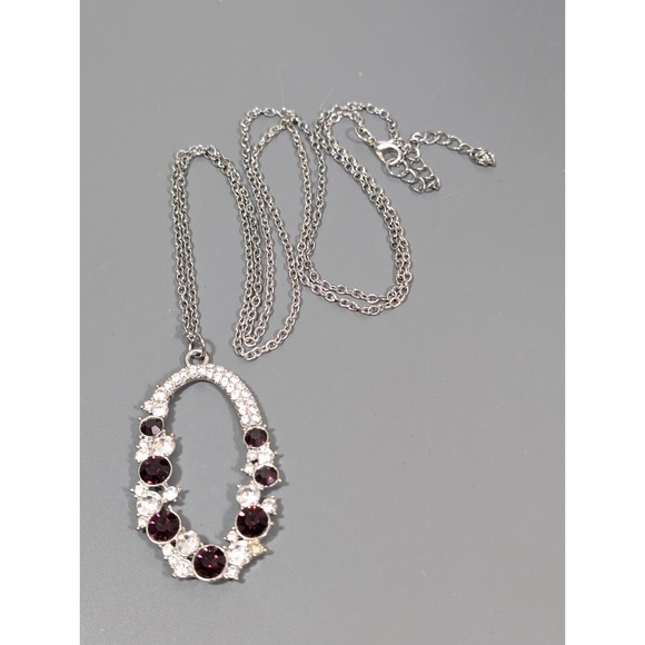 Purple Rhinestone Large Oval Pendant Long Chain Necklace Chic 38 in - Picture 2 of 9